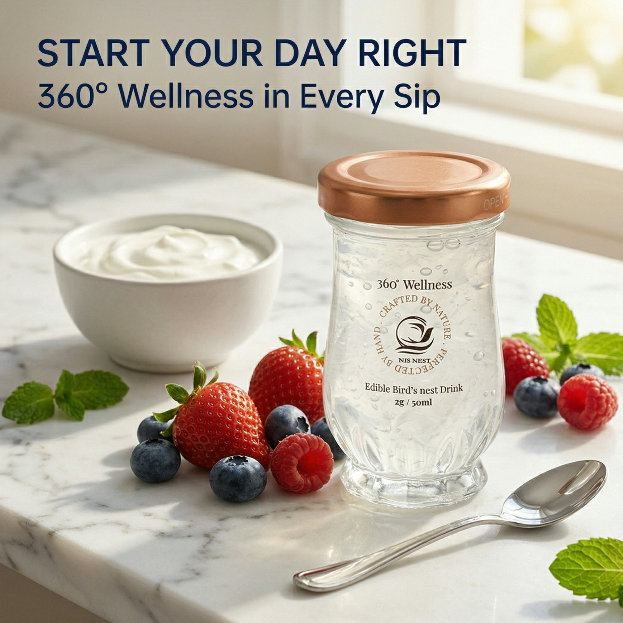 NIS NEST start your day right wellness drink.