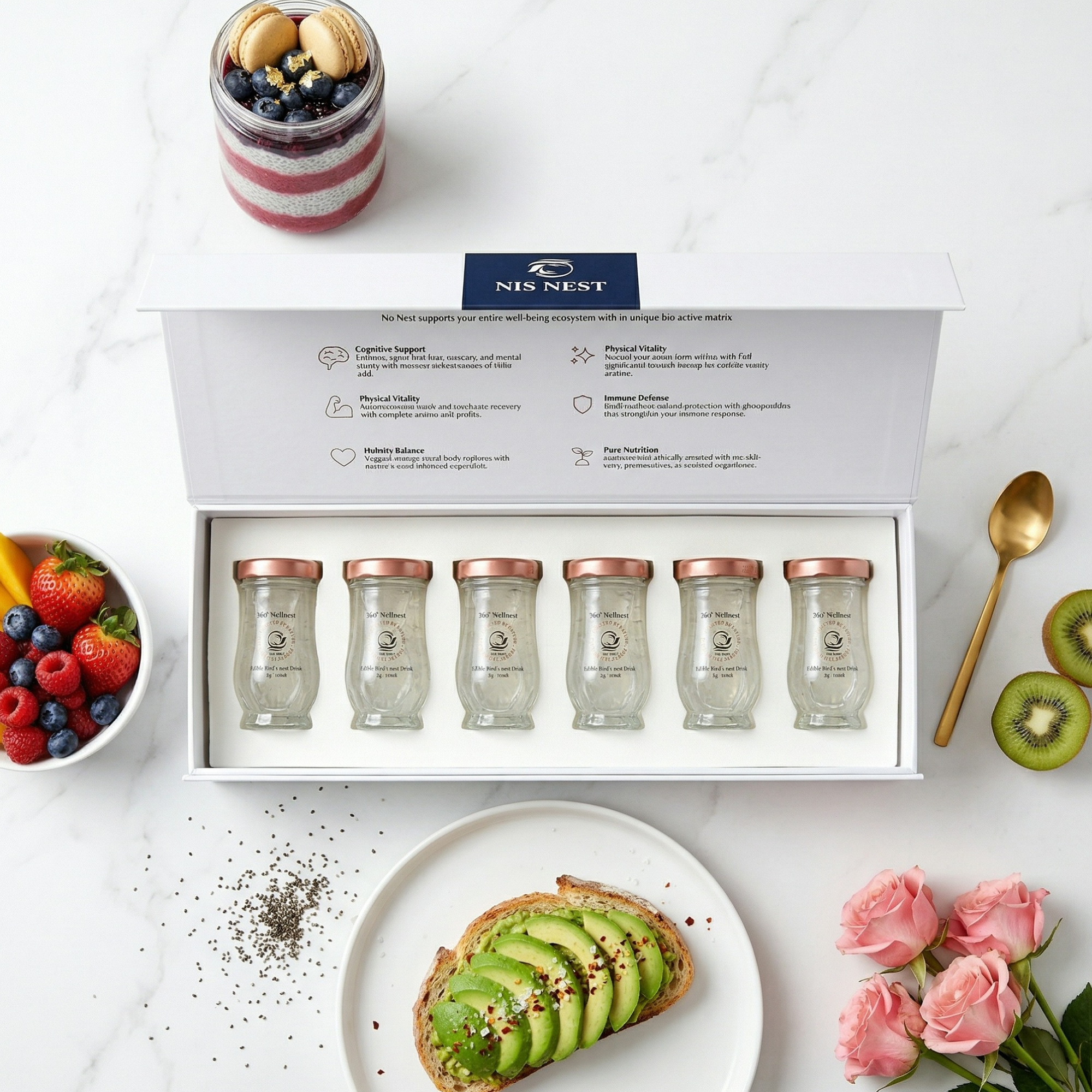 NIS NEST six-bottle wellness set with breakfast setting.