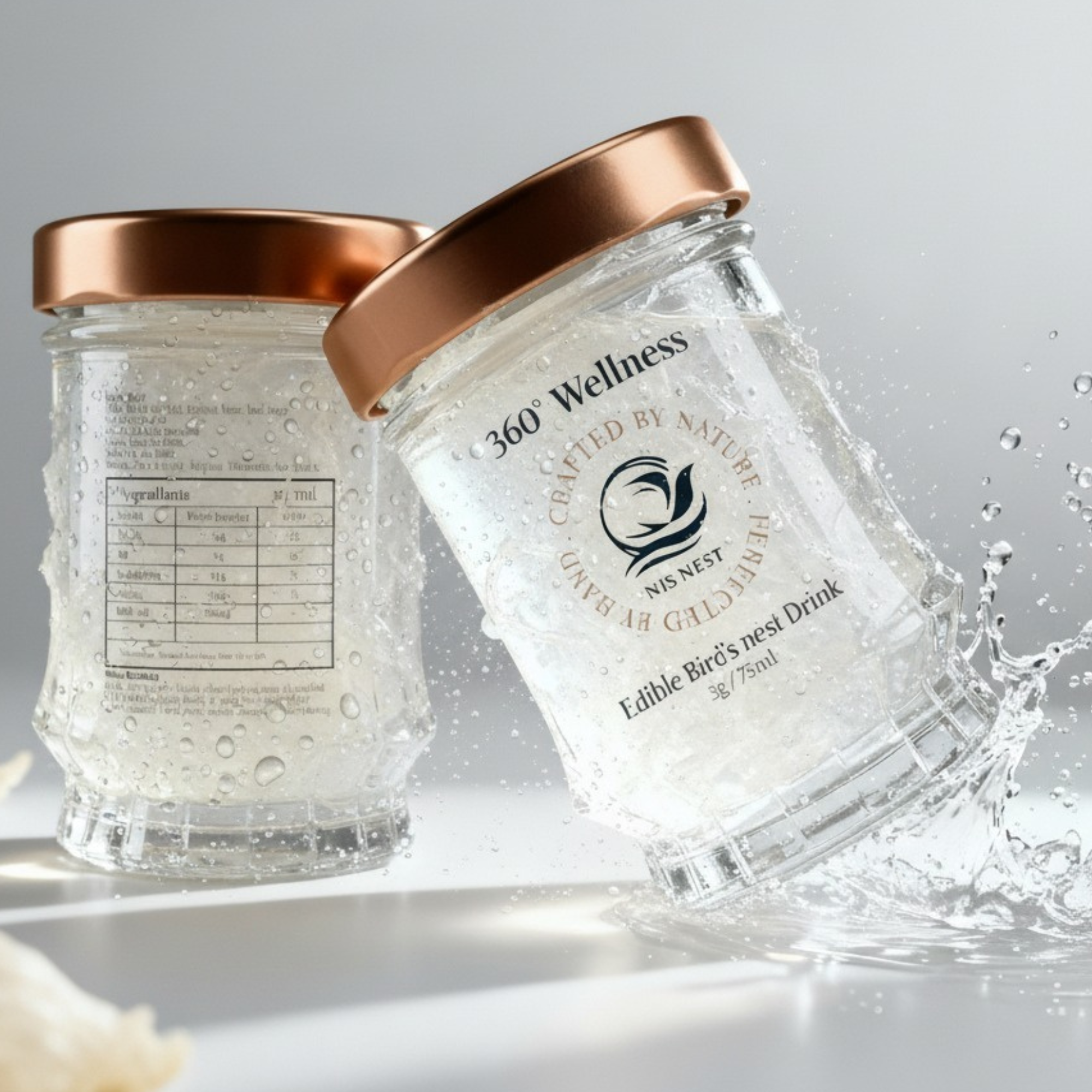 NIS NEST 360 Wellness bottles with water splash.